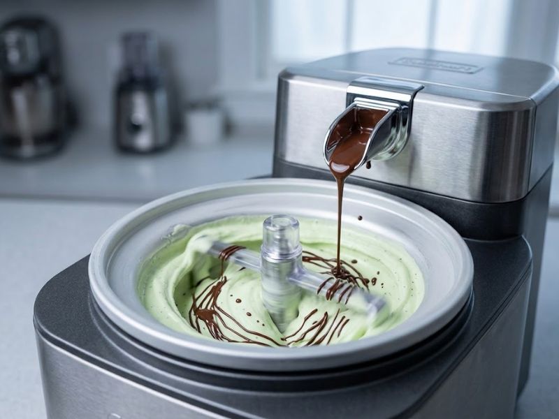 Drizzling melted dark chocolate into churning mint chocolate chip ice cream
