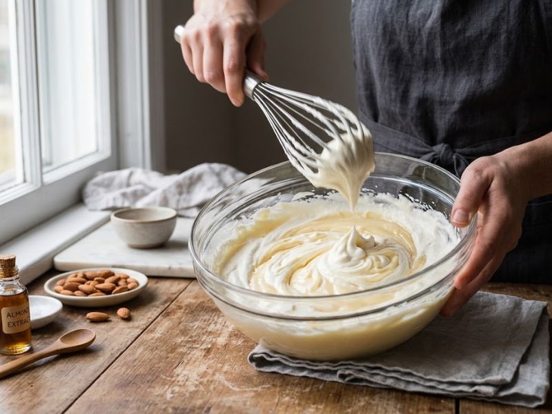 Folding whipped cream into eggless almond ice cream base