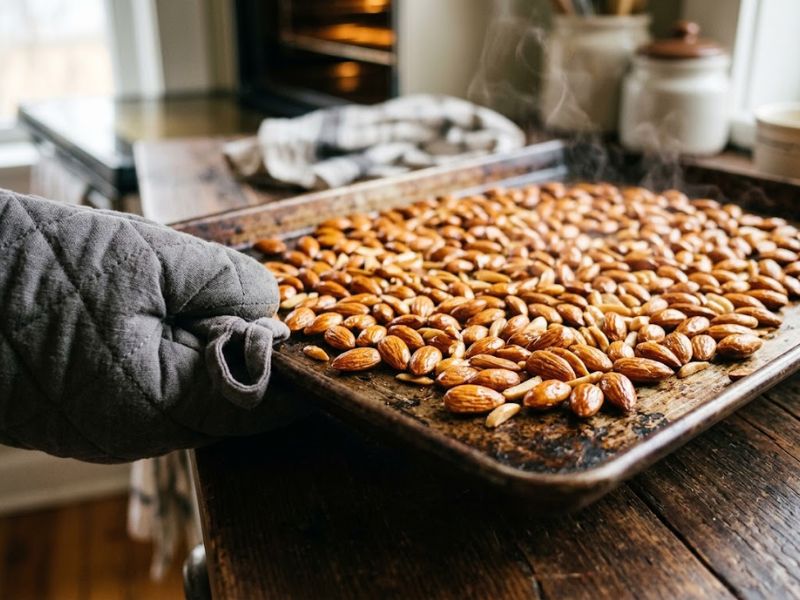 Golden roasted almonds on a baking tray for almond ice cream