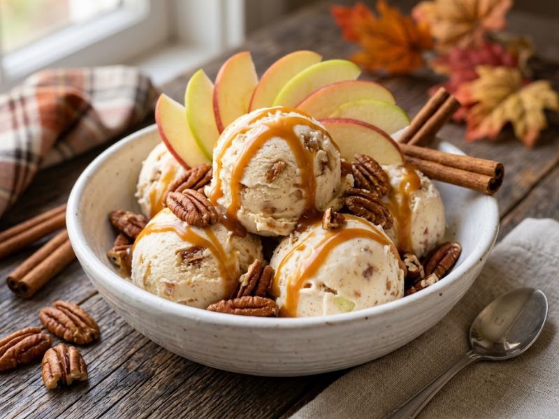 Apple caramel ice cream with cinnamon, apples, and pecans