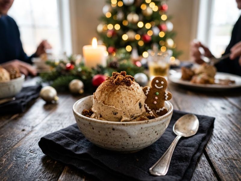 Gingerbread holiday ice cream with cookie crumbs