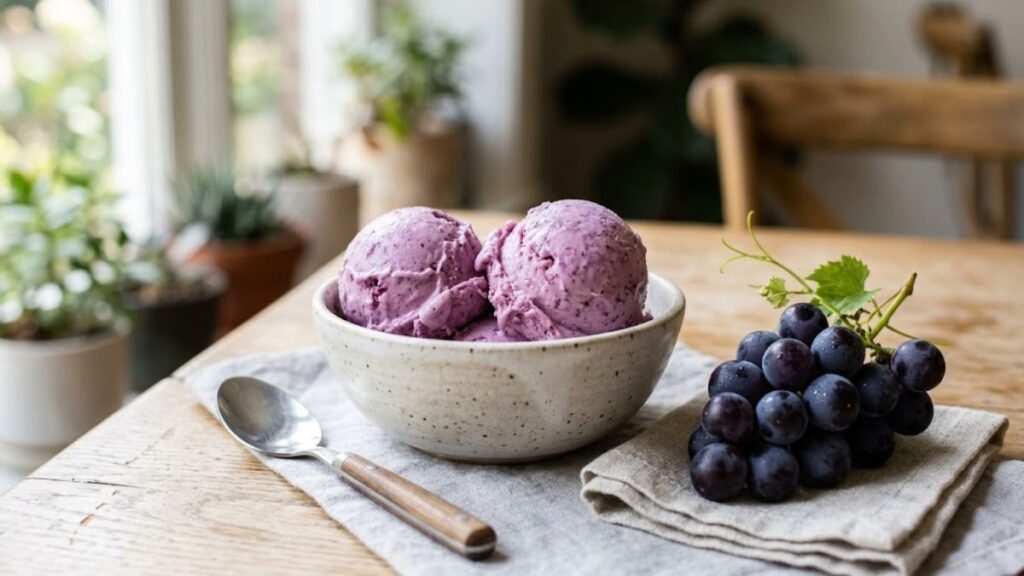 homemade grape ice cream with fresh grapes