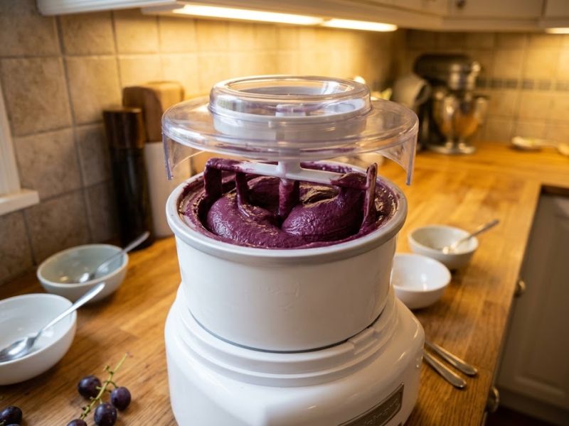 grape ice cream being churned in an ice cream maker