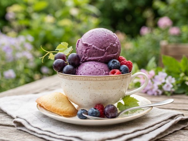 grape ice cream served with fresh fruit