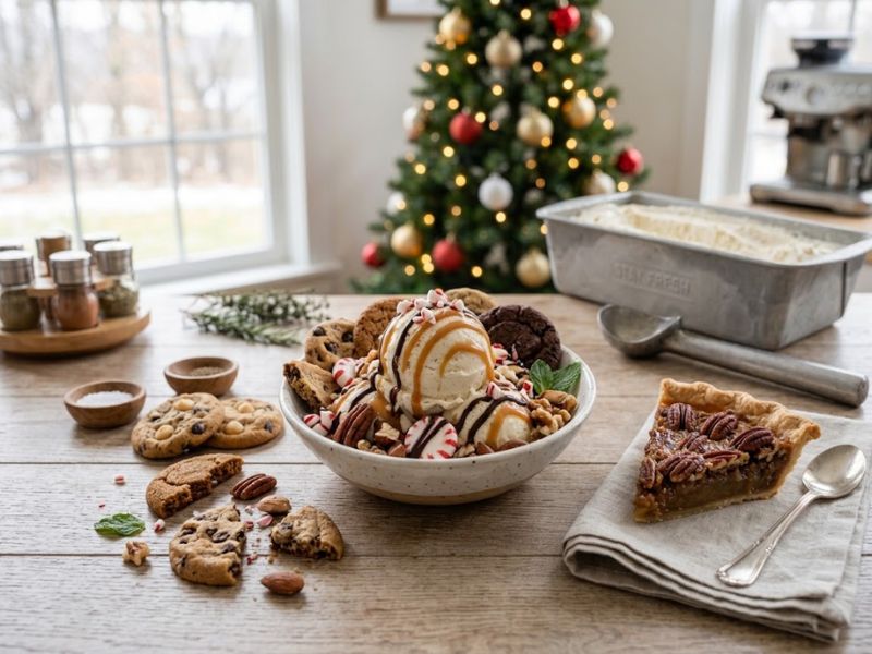 Homemade holiday ice cream served with Christmas cookies