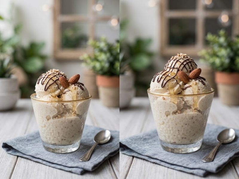 Homemade almond ice cream served in a cone garnished with roasted almonds