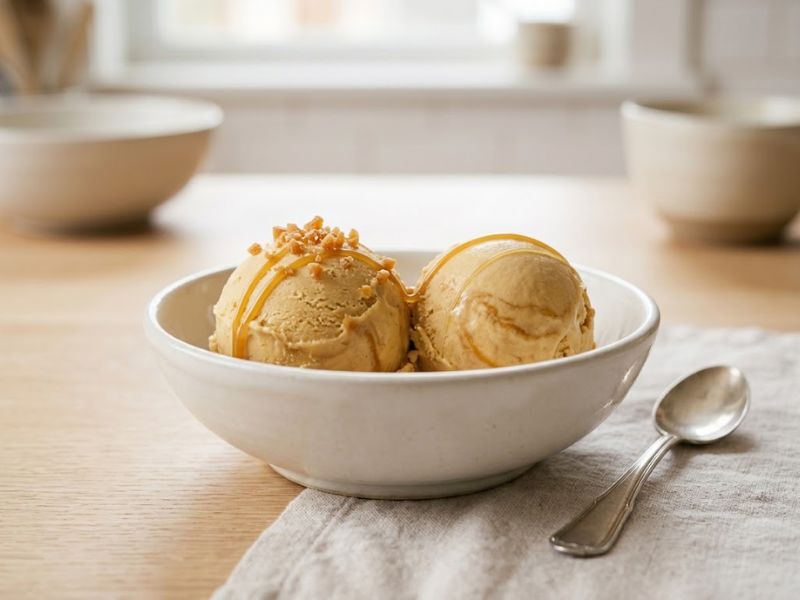 Creamy homemade butterscotch ice cream topped with toffee pieces