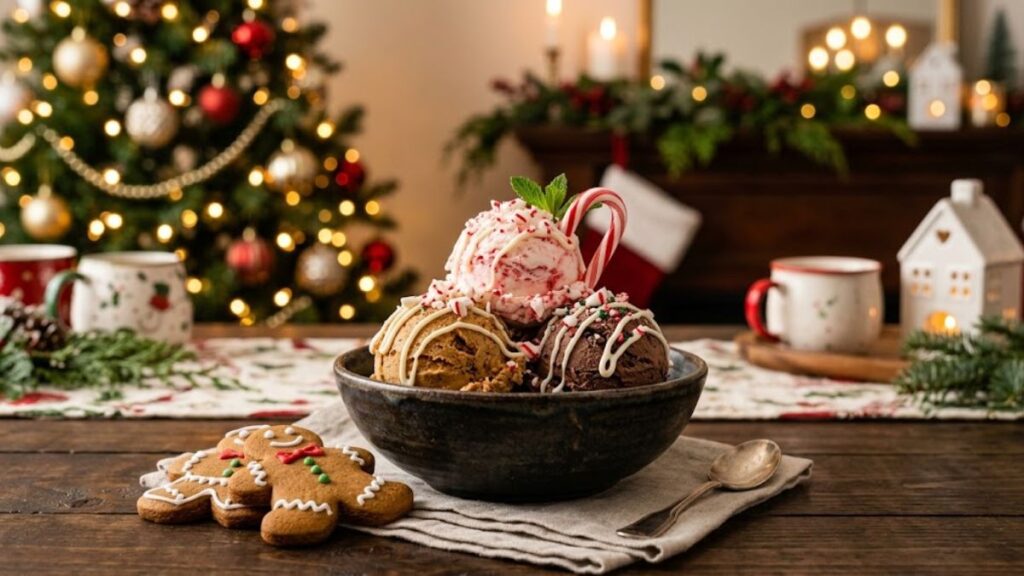 Homemade holiday ice cream with festive Christmas toppings