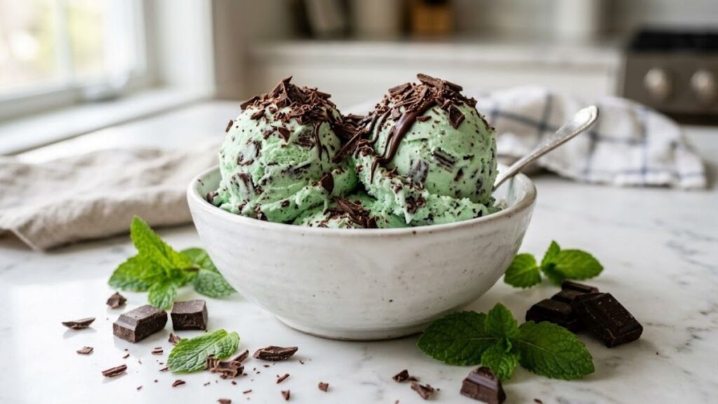 Creamy mint chocolate chip ice cream in a bowl with chocolate shavings