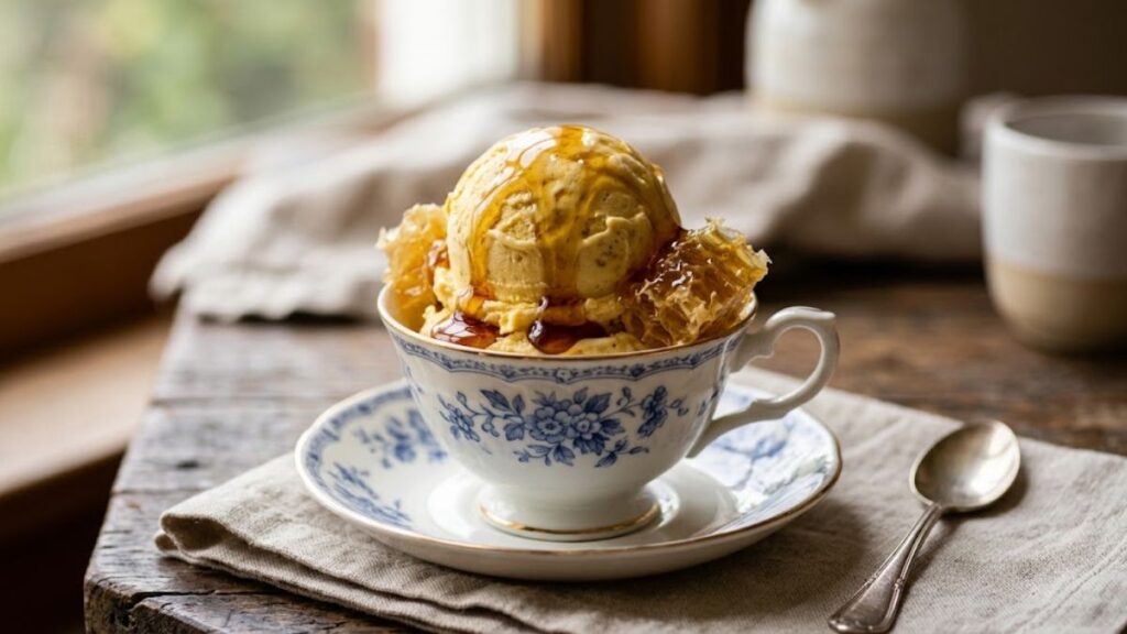 Creamy homemade honey ice cream with honey drizzle