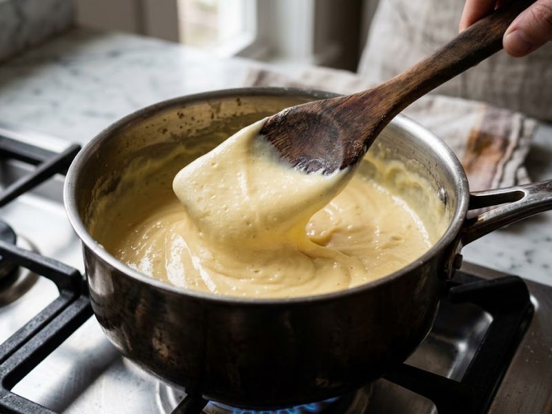 Honey ice cream custard cooking in a saucepan