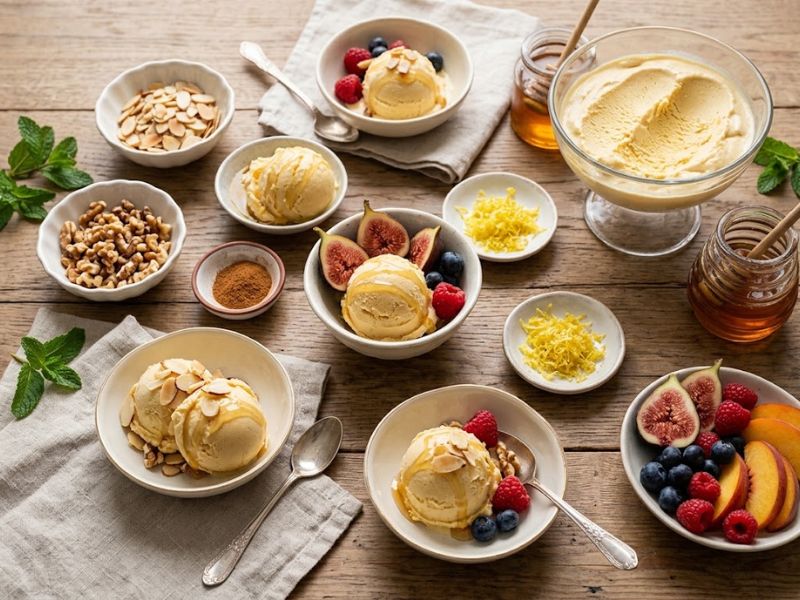 Honey ice cream with nuts, fruit and flavor variations