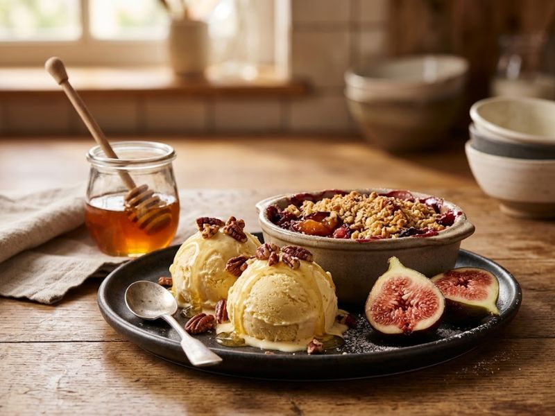 Honey ice cream served with honey drizzle and toasted pecans
