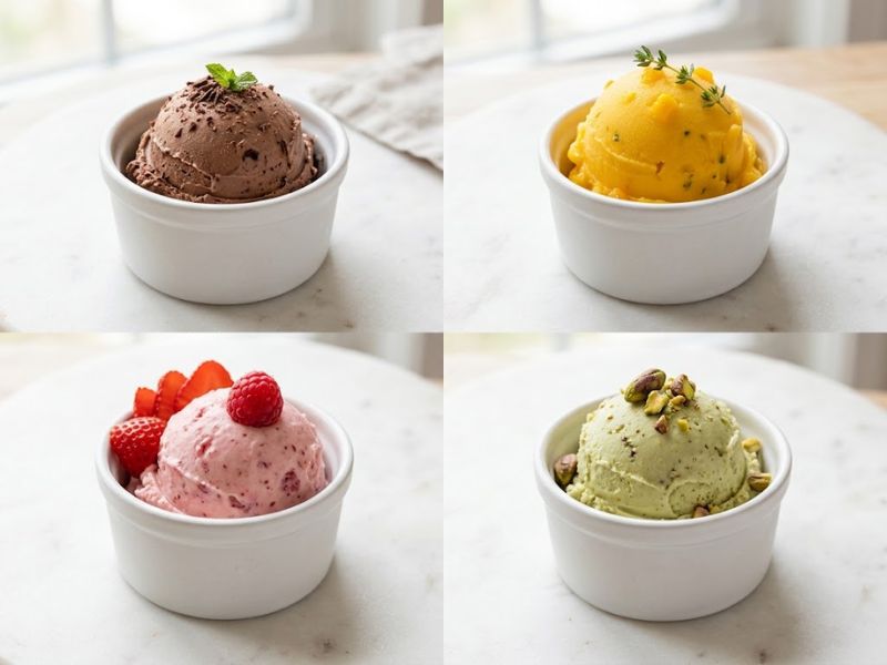 Different flavor variations of homemade ice cream without a machine
