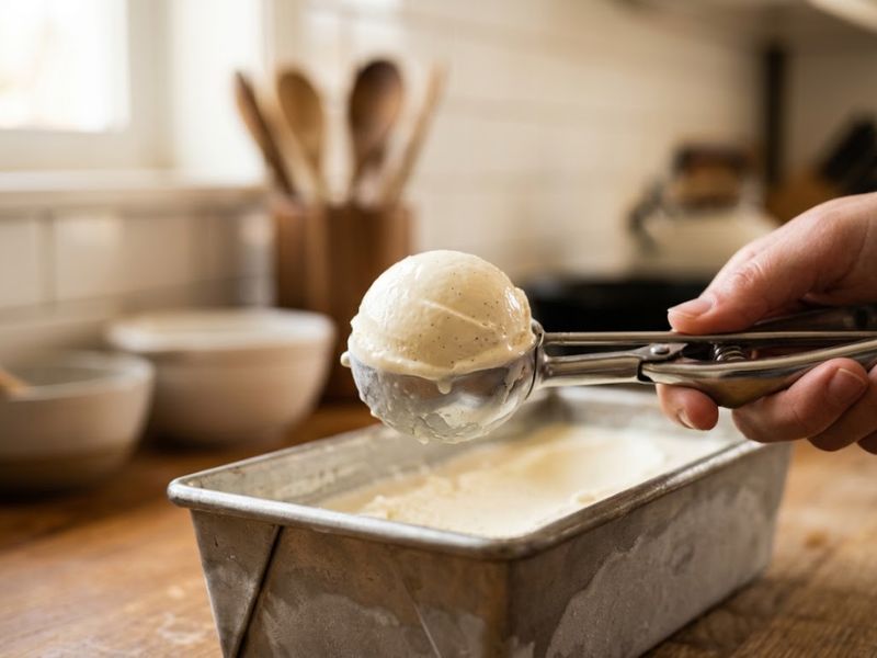 Scooping creamy homemade ice cream without an ice cream maker