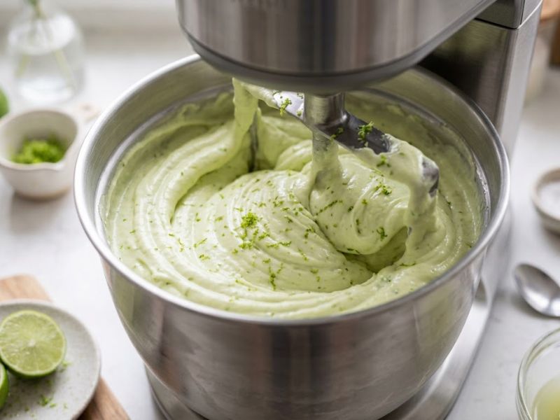 lime ice cream churning in an ice cream maker