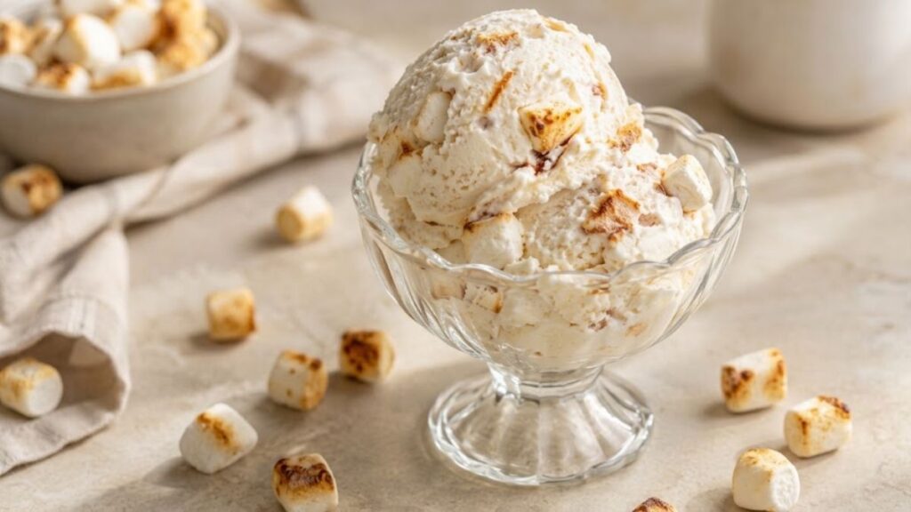 Homemade marshmallow ice cream with toasted marshmallows
