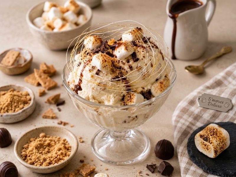 Marshmallow ice cream served with toasted marshmallows and chocolate