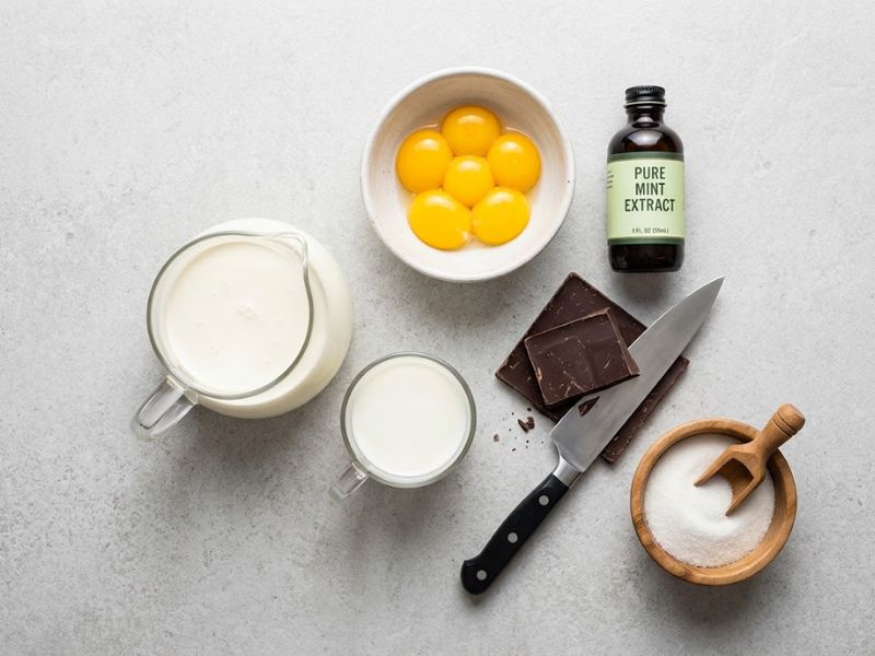 Fresh ingredients for mint chocolate chip ice cream including heavy cream, milk, egg yolks, and dark chocolate