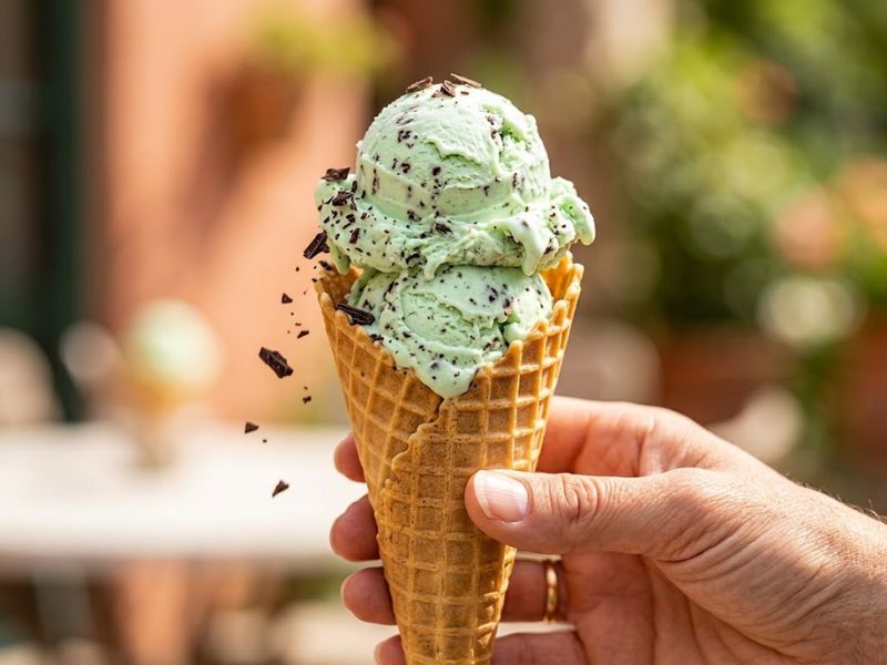 Scoops of mint chocolate chip ice cream served in crisp waffle cones
