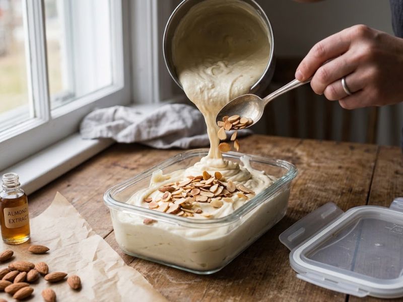 Almond ice cream base poured into a freezer-safe container before freezing