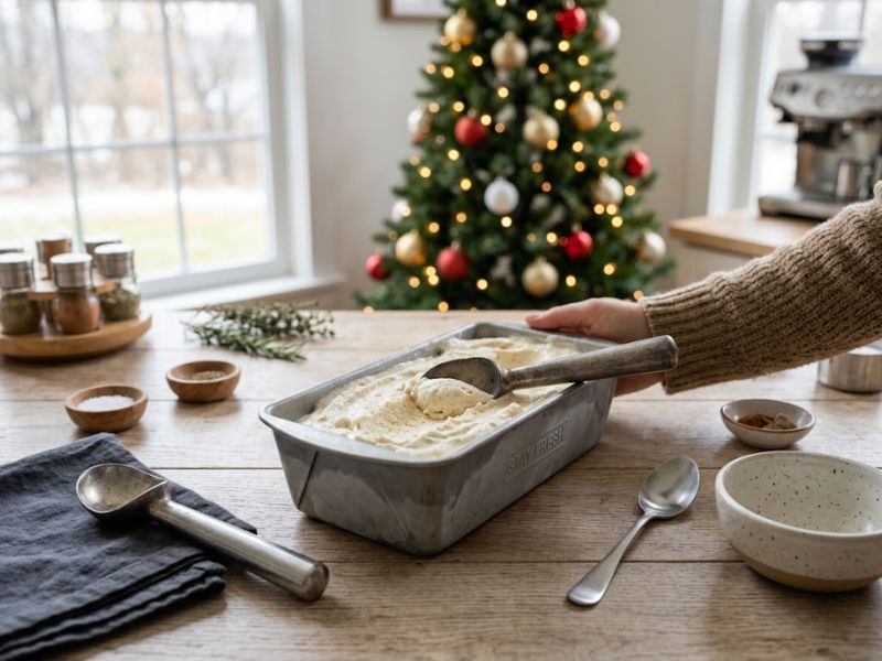 Preparing homemade holiday ice cream in a kitchen