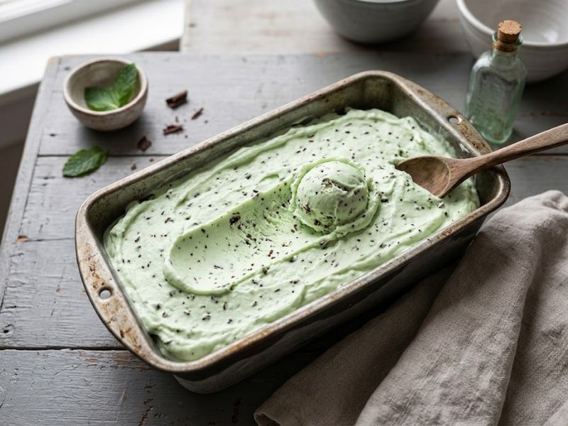 No-churn mint chocolate chip ice cream layered in a metal loaf pan