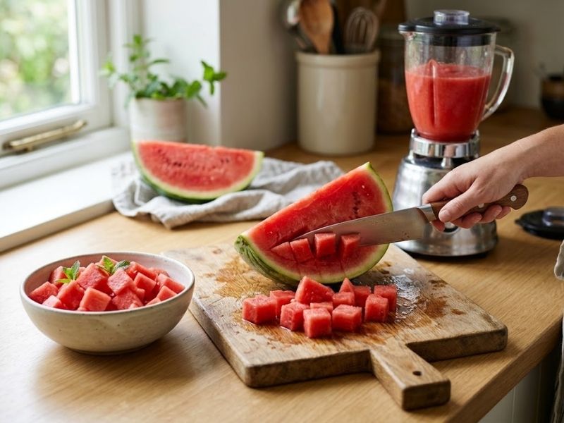 Fresh watermelon chunks prepared for homemade ice cream