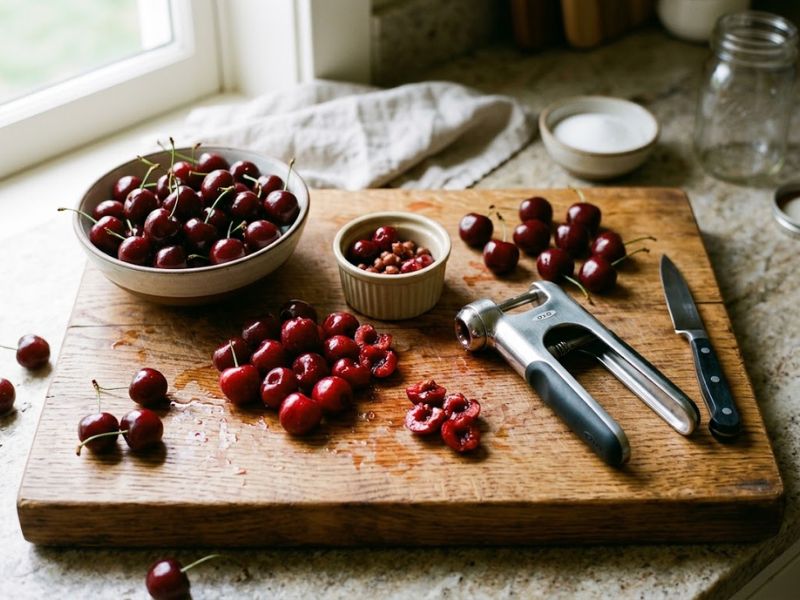 Fresh cherries being prepared for cherry gelato
