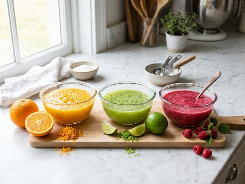 Orange lime and raspberry mixtures prepared for rainbow sherbet