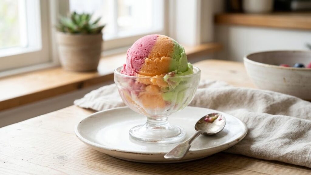 Homemade rainbow sherbet with orange lime and raspberry flavors