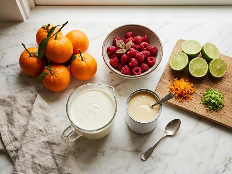 Ingredients for homemade rainbow sherbet with oranges lime raspberries and cream