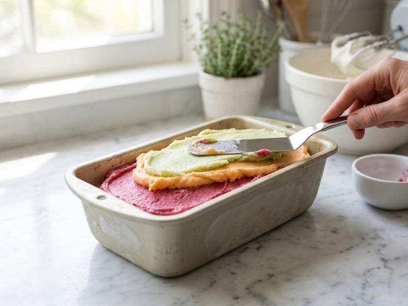 Orange lime and raspberry sherbet layers in a loaf pan