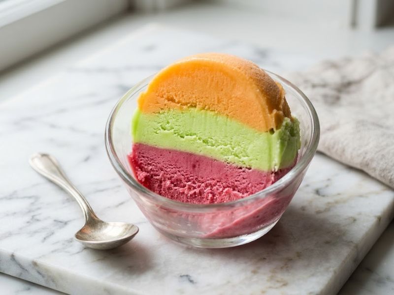 Orange lime and raspberry layers in rainbow sherbet