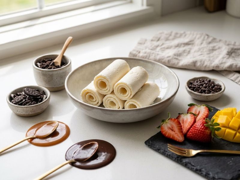 Rolled ice cream with cookies, fruit and chocolate toppings