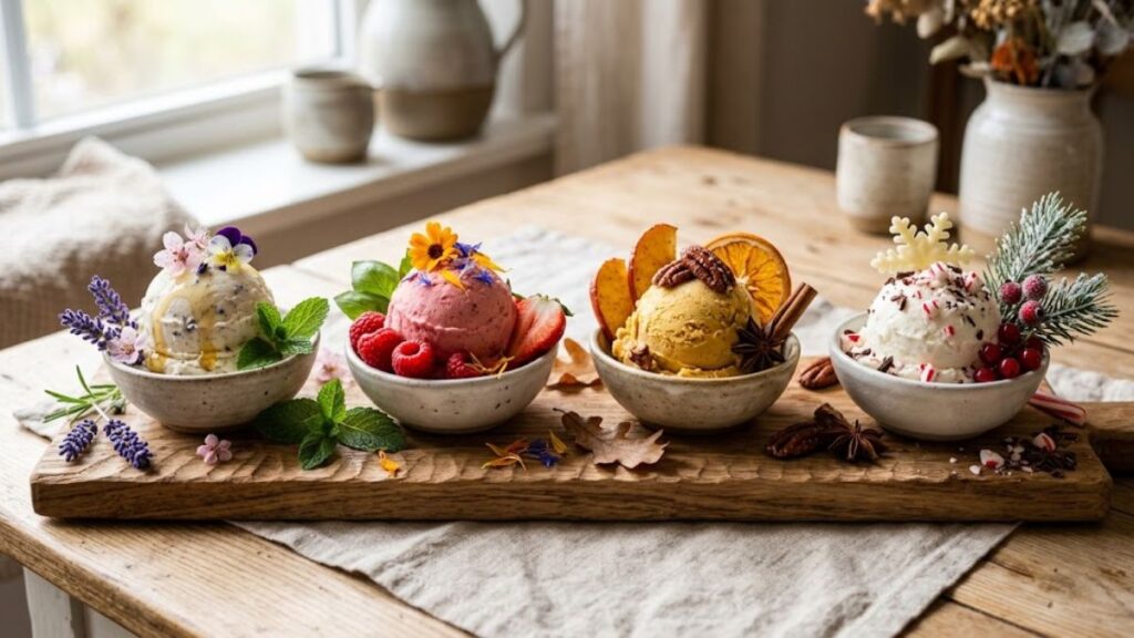 Four seasonal ice cream flavors surrounded by fresh fruit and seasonal ingredients
