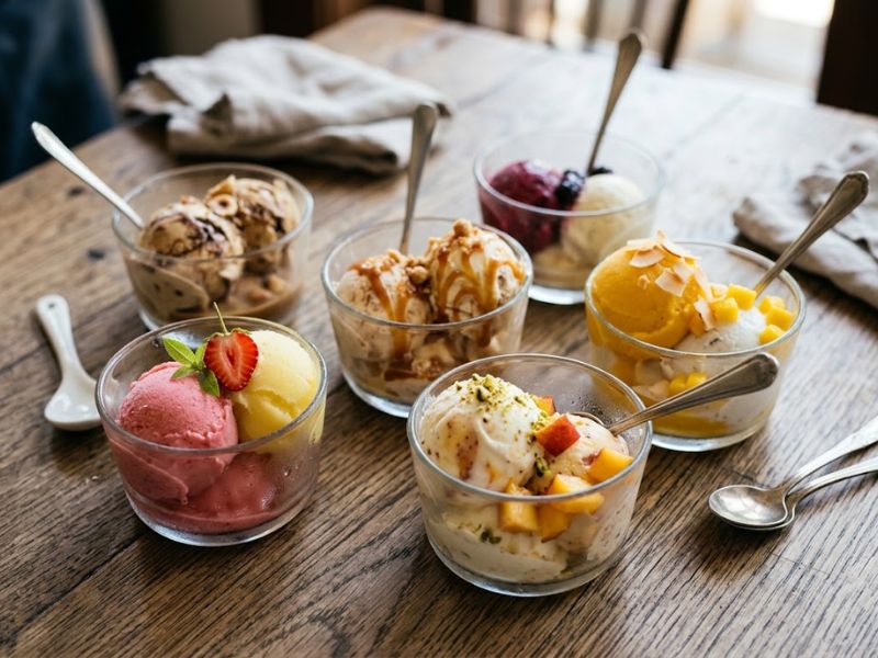 Seasonal ice cream flavor combinations including fruit, caramel, and chocolate