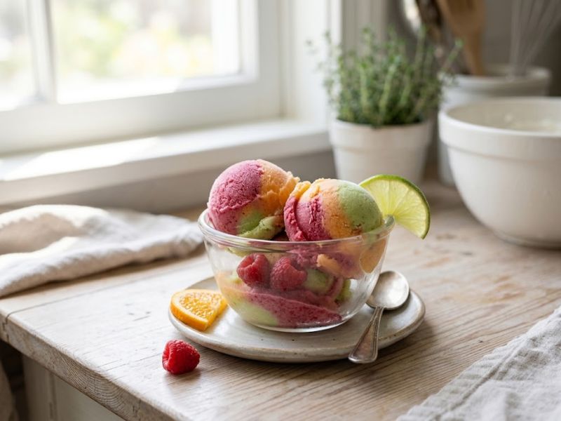 Smooth rainbow sherbet scoops with orange lime and raspberry flavors