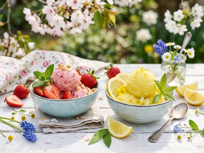 Strawberry and lemon ice cream with fresh spring ingredients