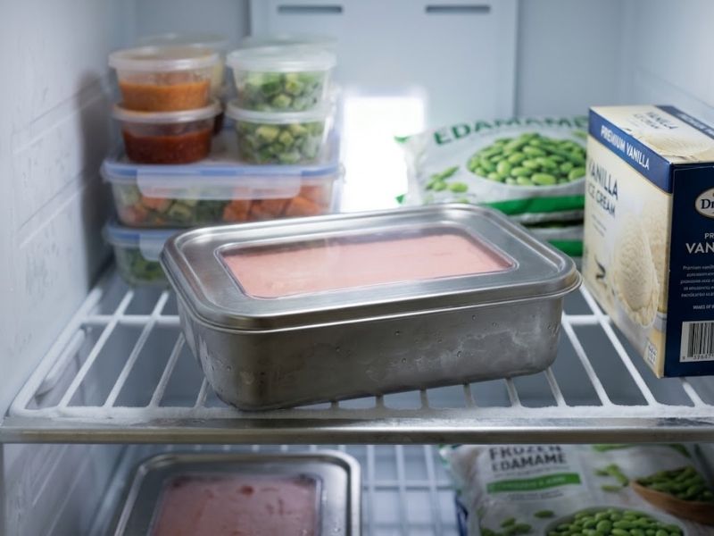 Watermelon ice cream stored in a covered freezer-safe container