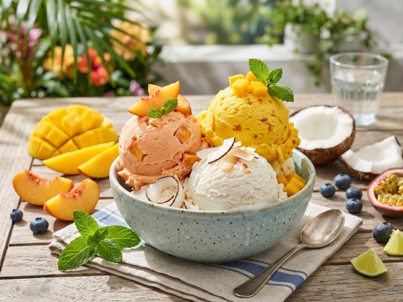 Summer ice cream flavors with mango, peach, coconut, and fresh fruit