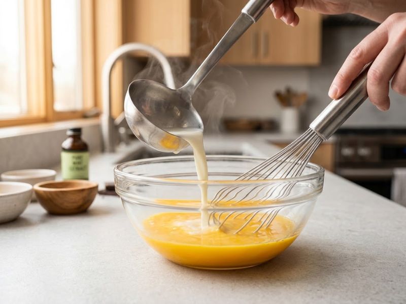 Whisking warm cream into egg yolks to temper ice cream custard base