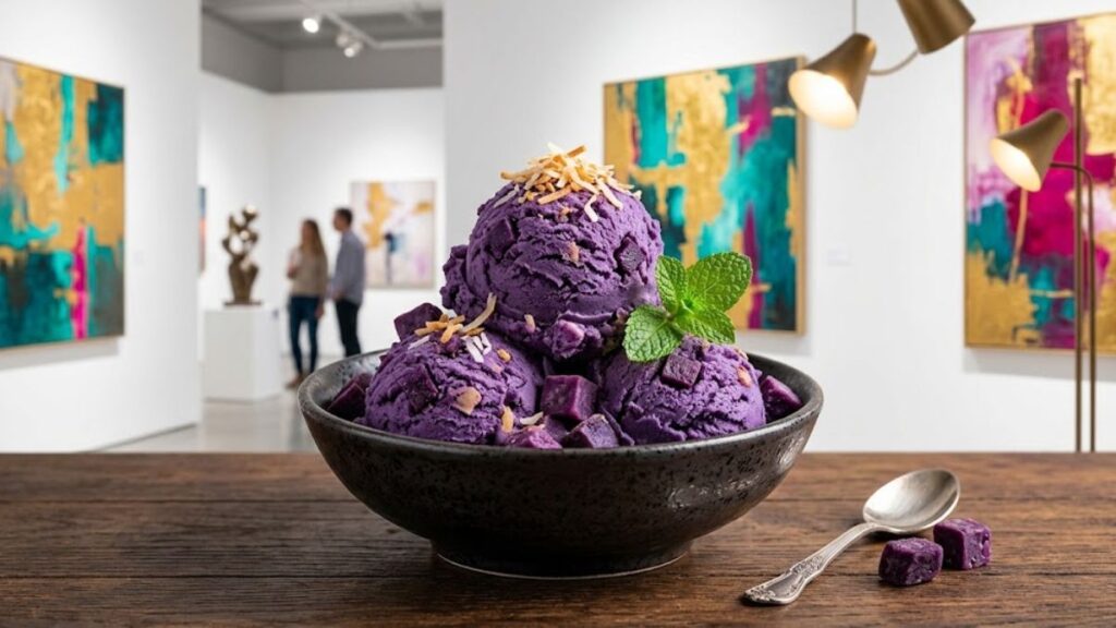 Ube ice cream scoops with purple yam
