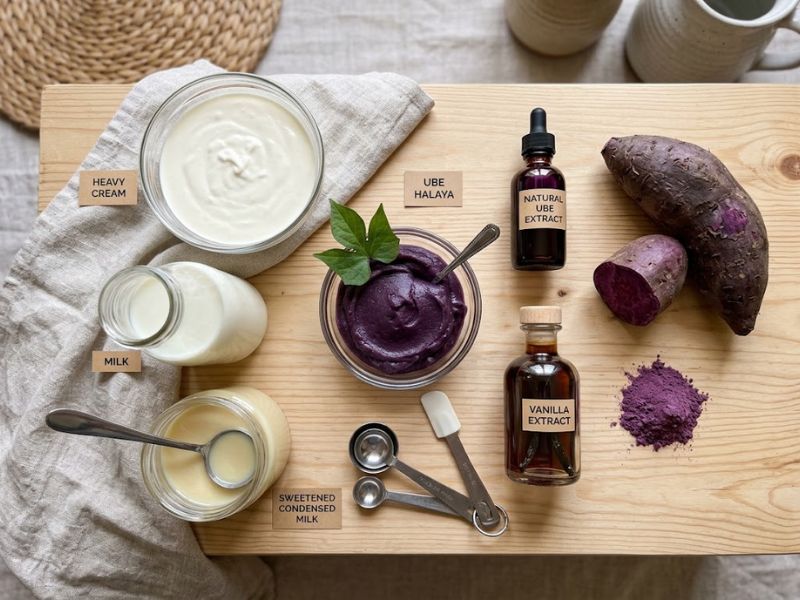 Ingredients for homemade ube ice cream