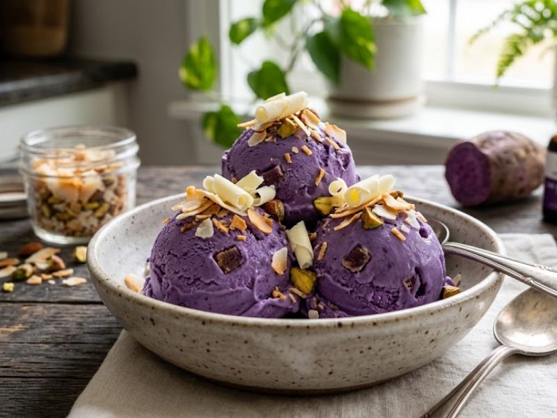 Ube ice cream with toasted coconut and toppings