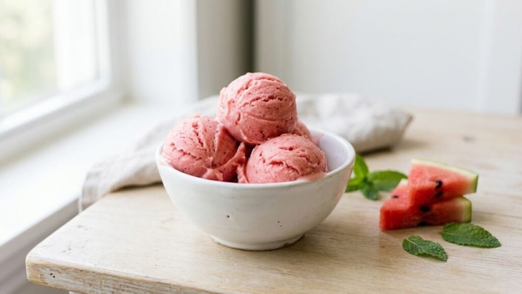Watermelon ice cream scoops served with fresh watermelon