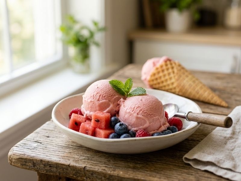 Watermelon ice cream served with fresh fruit and mint