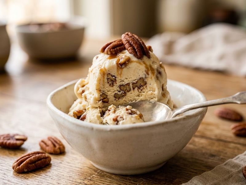 creamy butter pecan ice cream with pecan pieces