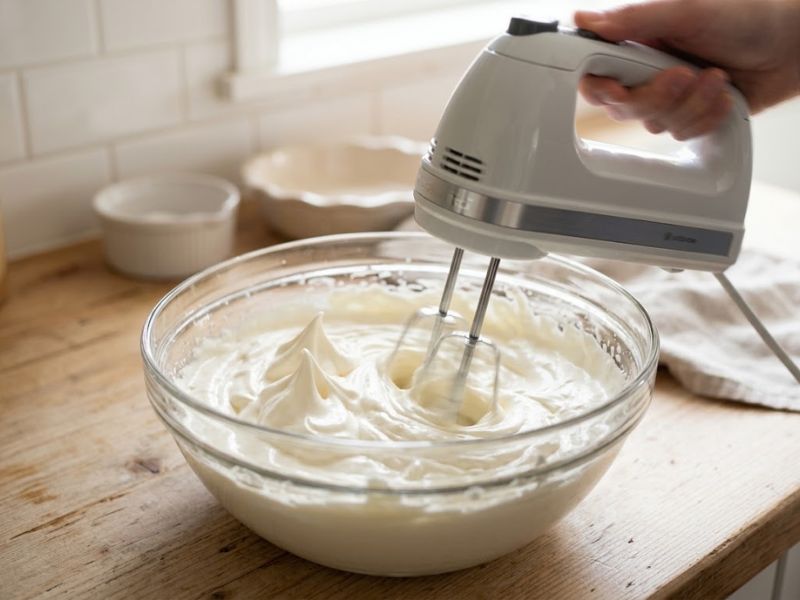 Heavy whipping cream beaten to stiff peaks in a glass mixing bowl