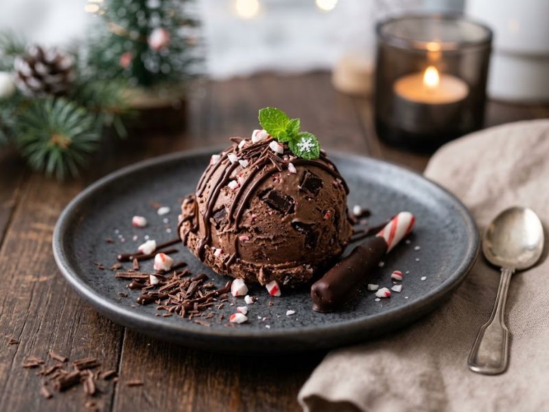 Chocolate peppermint ice cream with dark chocolate and peppermint
